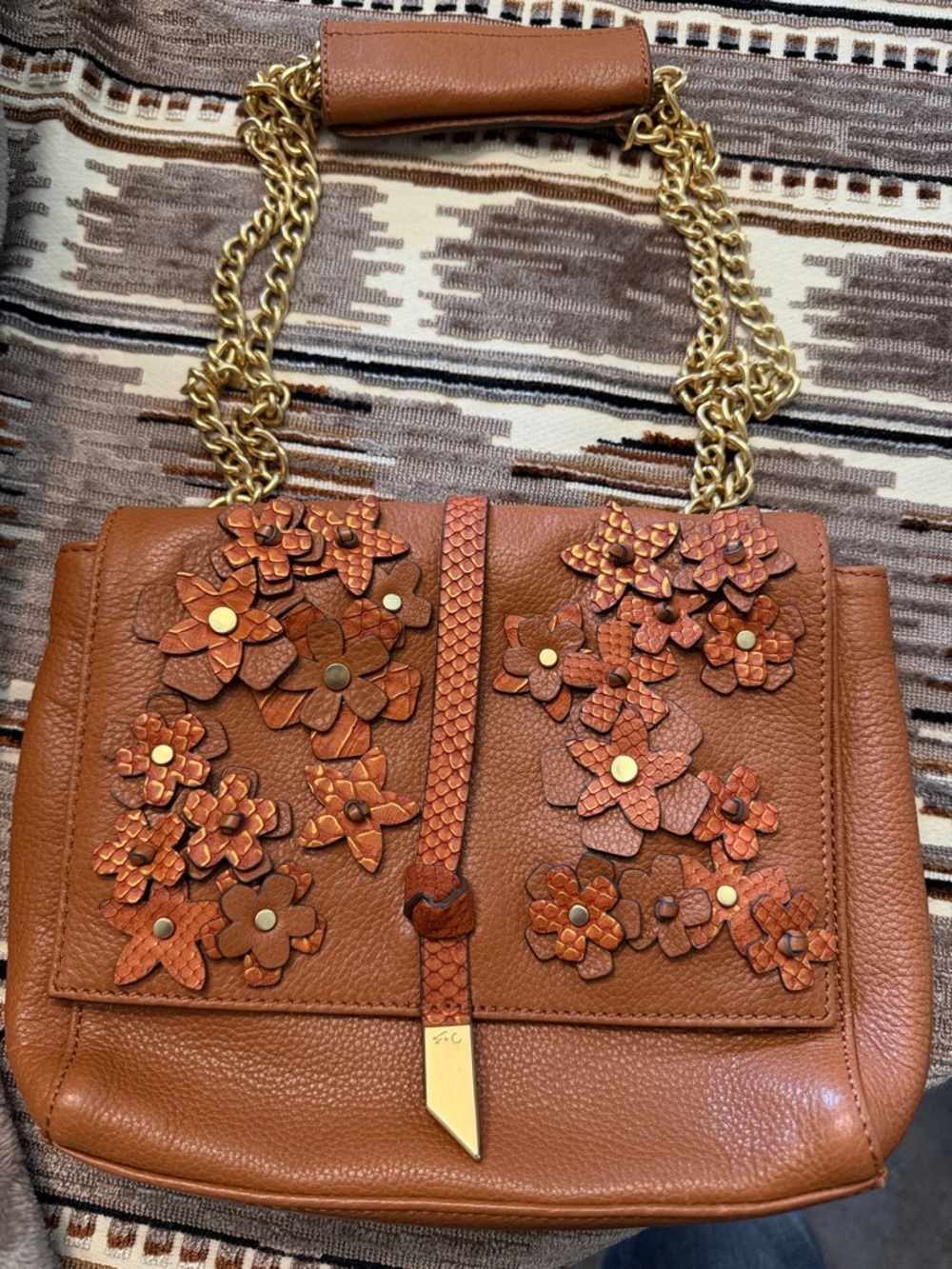 Foley + Corinna Brown Floral Appliqué Leather Shoulder Bag with Gold Chain